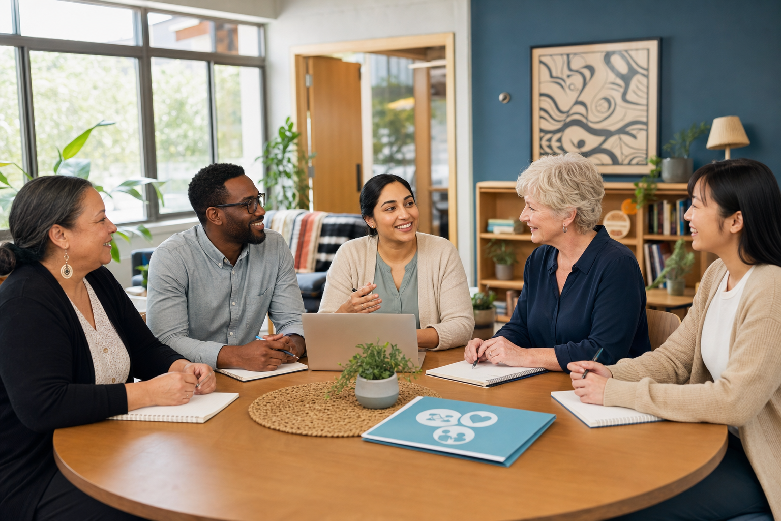 A diverse team of care workers having a warm discussion around a table