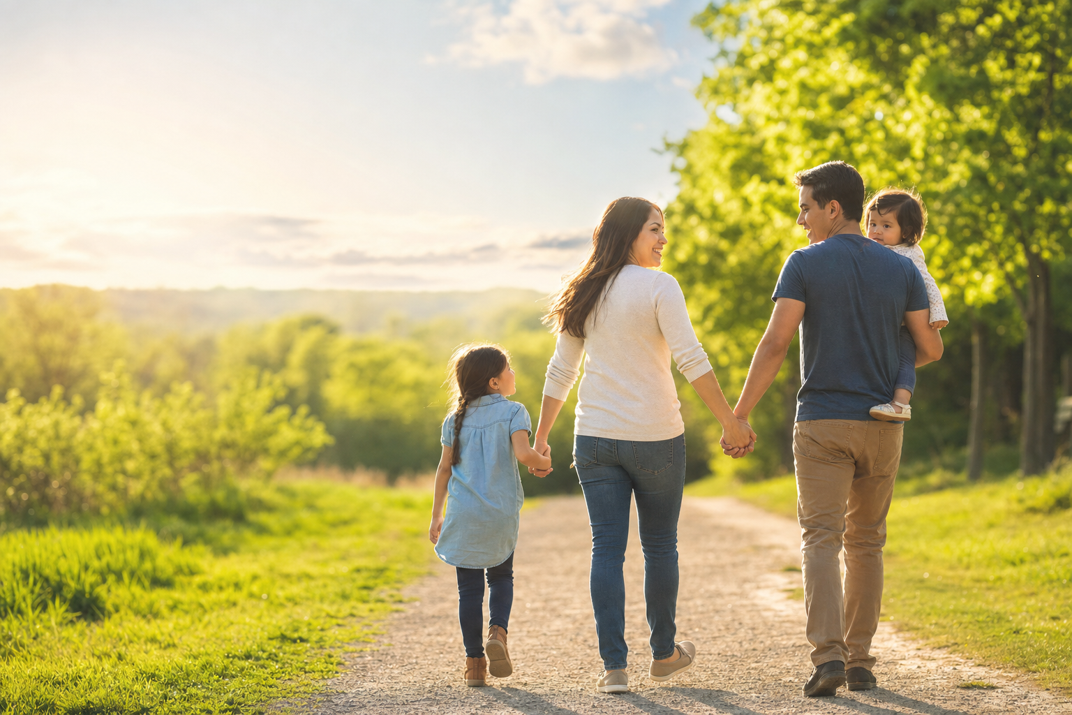 A family of four walking hand-in-hand together on a sunlit park path